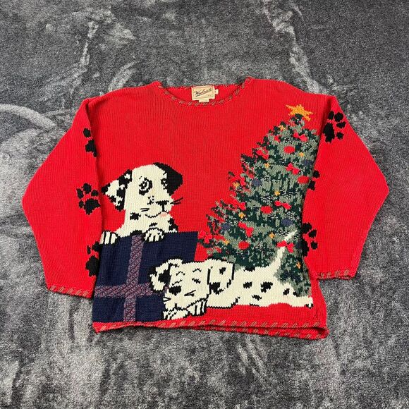 Vtg Woolrich Hand Knit Christmas Tree Dog Bow Sweater Crewneck Women's M - Picture 1 of 12
